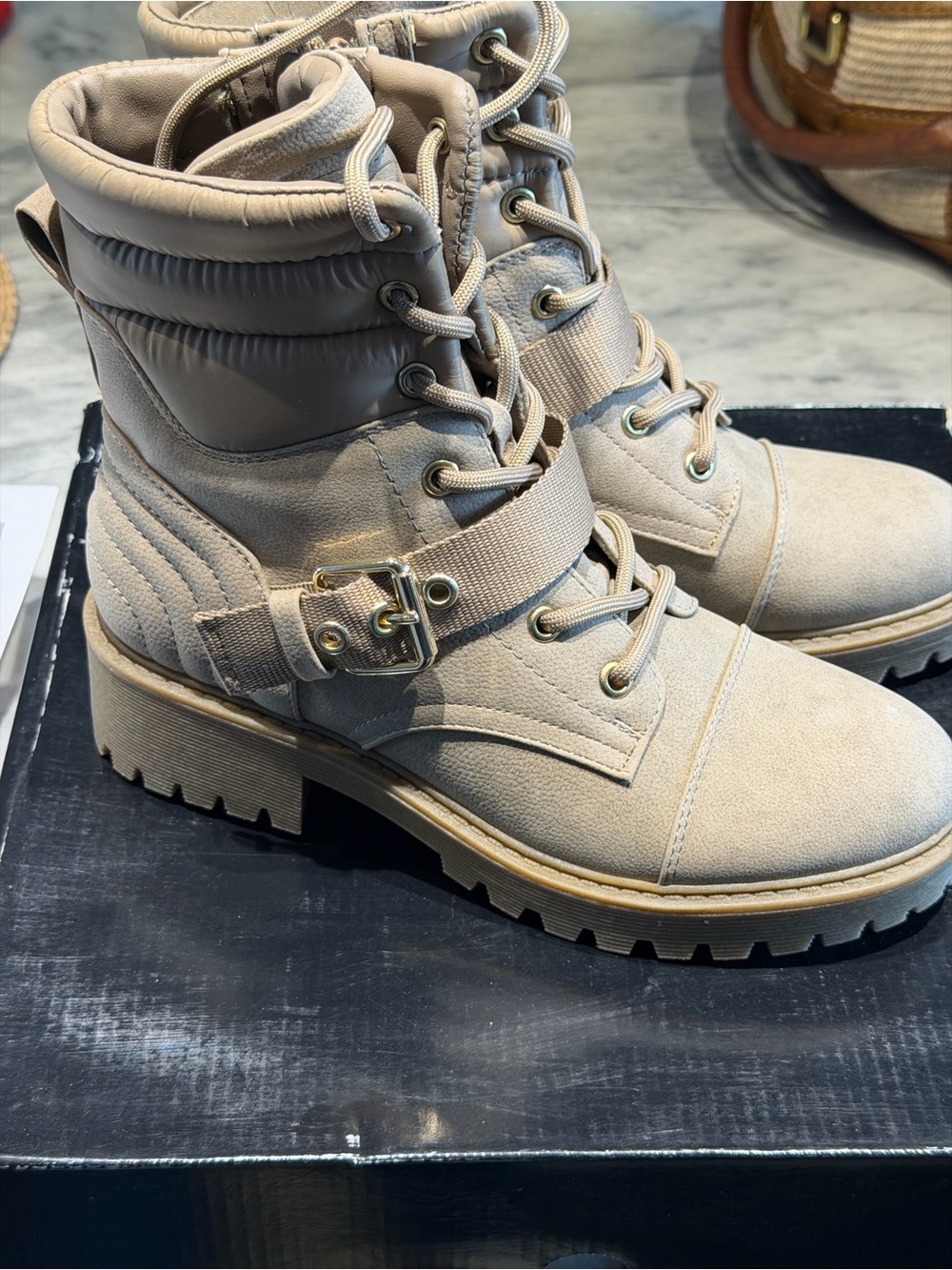 GBG Los Angeles Beige Lace-Up Combat Booties with Buckle Strap